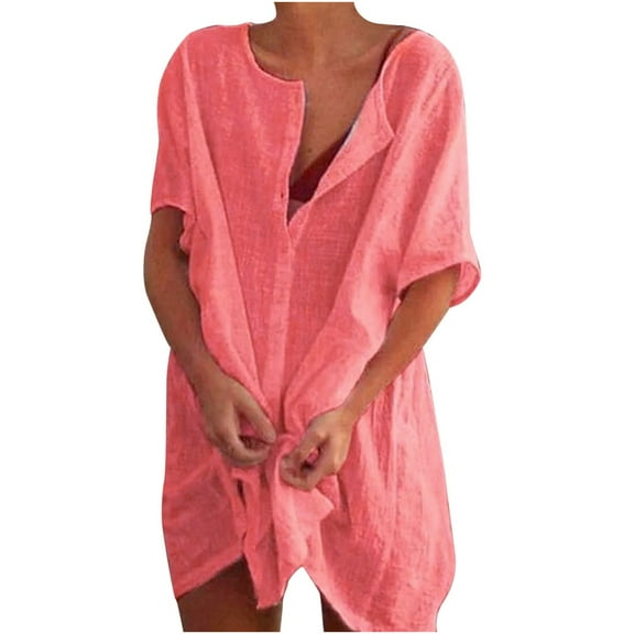 Cotton Linen Dress for Women Summer Short Sleeve Loose T-shirt Dress Casual Tunic Tops Kaftan Button Down Shirt Dress