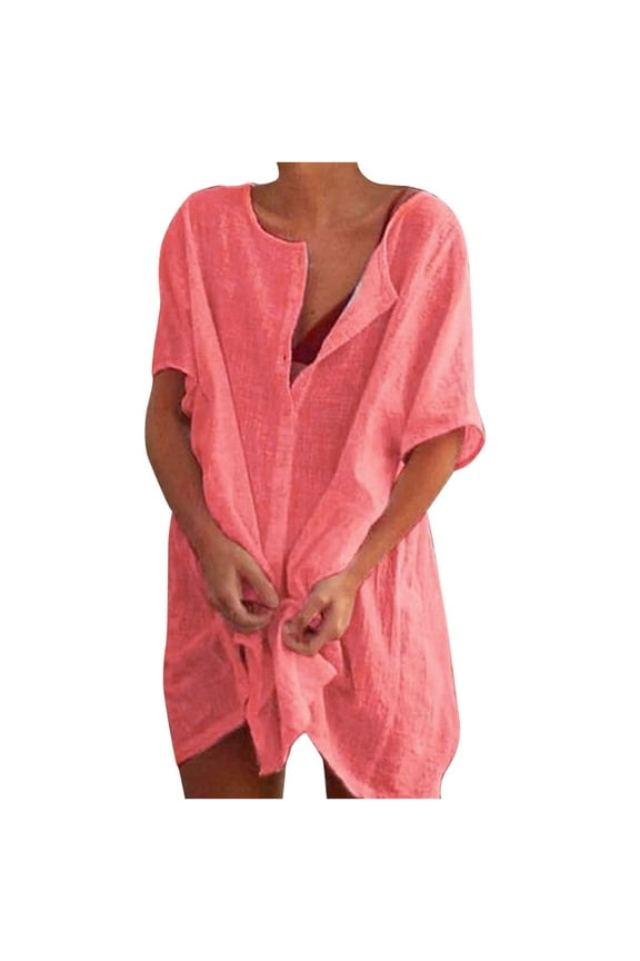 Cotton Linen Dress for Women Summer Short Sleeve Loose T-shirt Dress Casual Tunic Tops Kaftan Button Down Shirt Dress