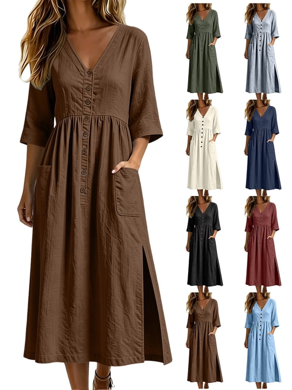 Cotton Linen Dress for Women V Neck 3/4 Sleeve Casual Loose Fit Midi Dress with Pockets Side Slit Button Decor