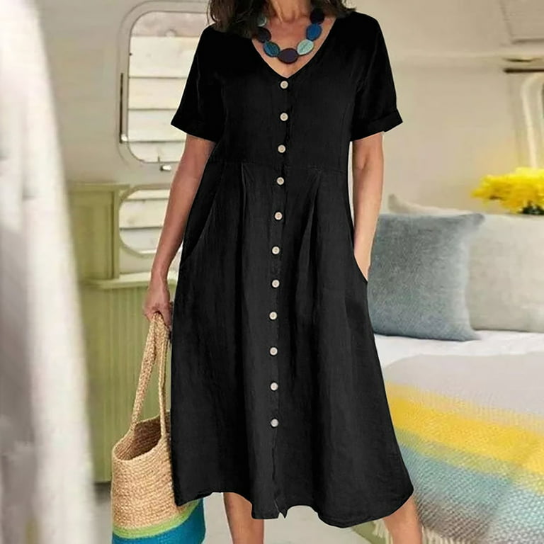 Cotton Linen Dress for Women V Neck Button Down Short Sleeve Sundress Solid  Casual Baggy Summer A Line Midi Dress 
