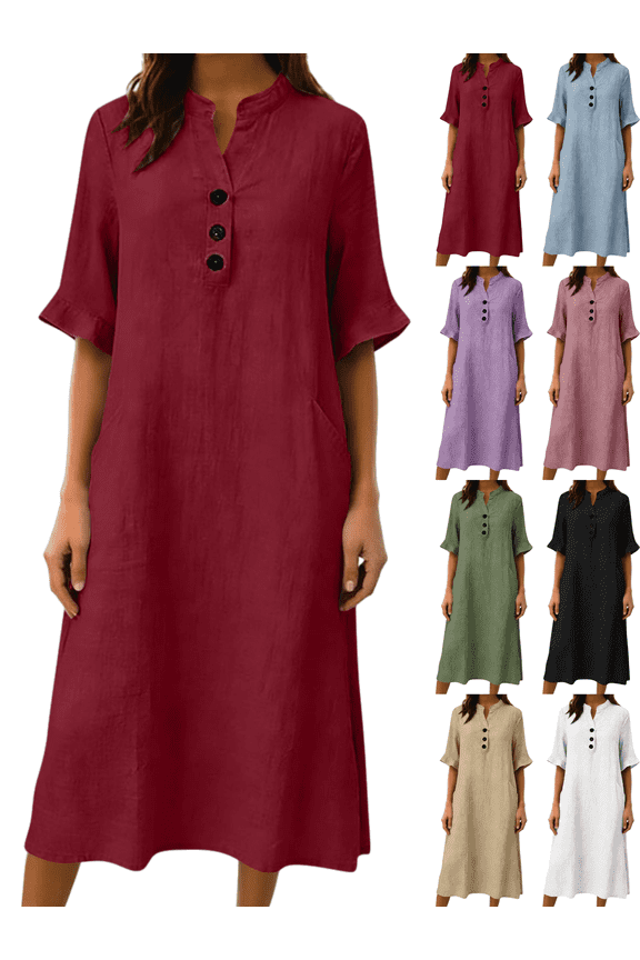 Cotton Linen Dresses for Women Casual Maxi Shift Dress V Neck Half Sleeve Button Down Loose Fit Tunic Sundress with Pockets Lightweight Breathable Summer