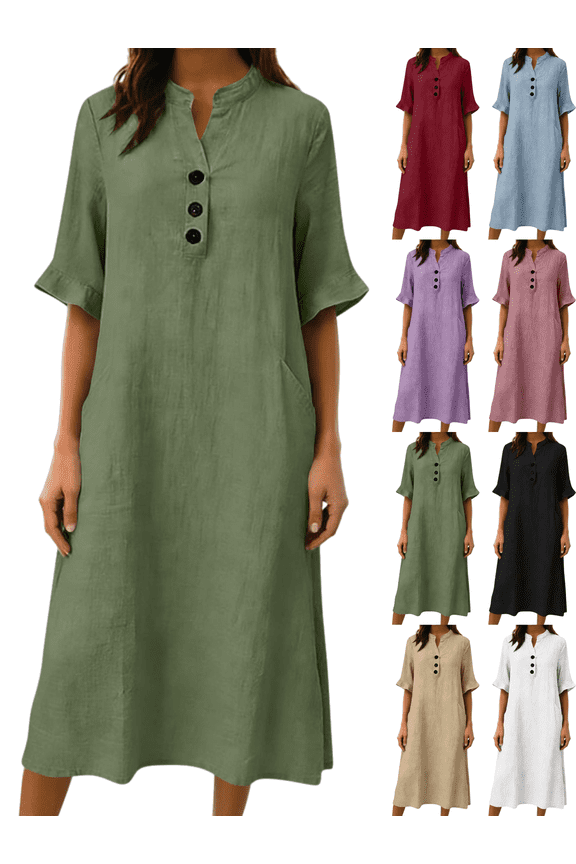 Cotton Linen Dresses for Women Casual Maxi Shift Dress V Neck Half Sleeve Button Down Loose Fit Tunic Sundress with Pockets Lightweight Breathable Summer