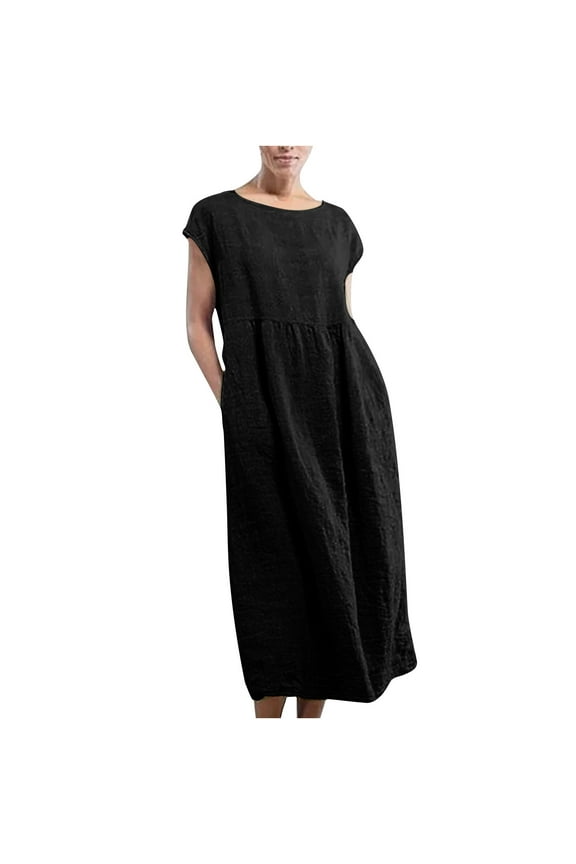 Cotton Linen Dresses for Women Casual Summer Baggy Long Dress With Pockets Women's Plus Size Loose Fit Kaftan Dresses Solid Maxi Dress Short Sleeve Sundress
