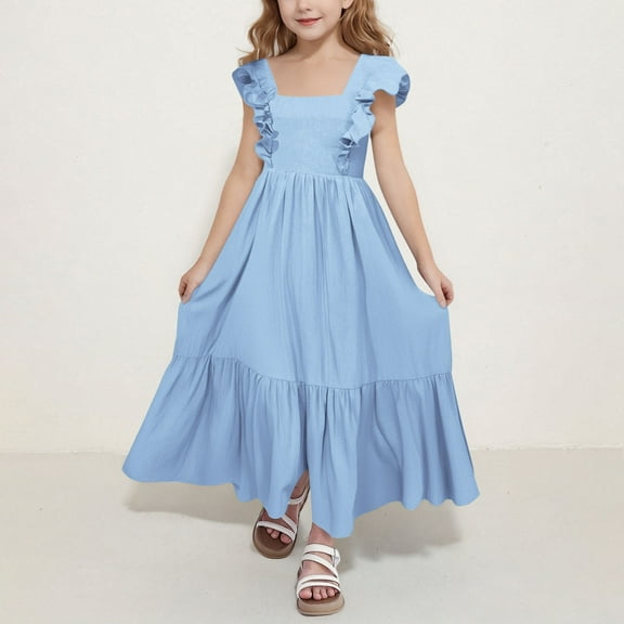 Cotton Linen Dresses for Girls Summer Size 4-15 Teens Kids Trendy Bowknot Backless Ruffle Sleeveless A-Line Beach Maxi Sundresses