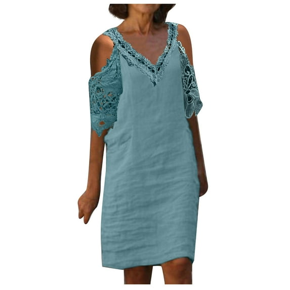 Cotton Linen Dresses for Women,2023 Spring Summer Casual Loose 3/4 Sleeve Midi Dress,Trendy Elegant Plain Beach Dress