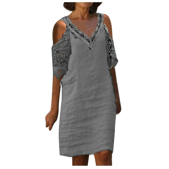 Cotton Linen Dresses for Women,2023 Spring Summer Casual Loose 3/4 Sleeve Midi Dress,Trendy Elegant Plain Beach Dress