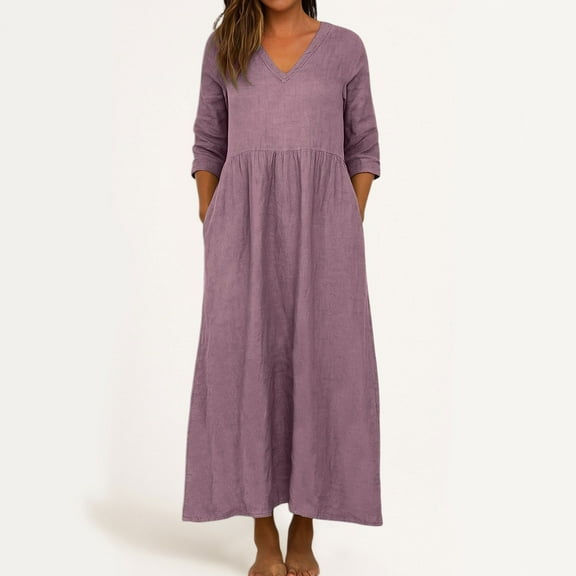 Cotton Linen Dresses for Women 2025 Fall Long Length Sleeve V Neck Maxi Dress Boho Vacation Beach Sundresses Purple L