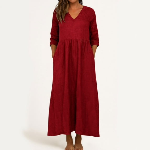 Cotton Linen Dresses for Women 2025 Fall Long Length Sleeve V Neck Maxi Dress Boho Vacation Beach Sundresses Wine M
