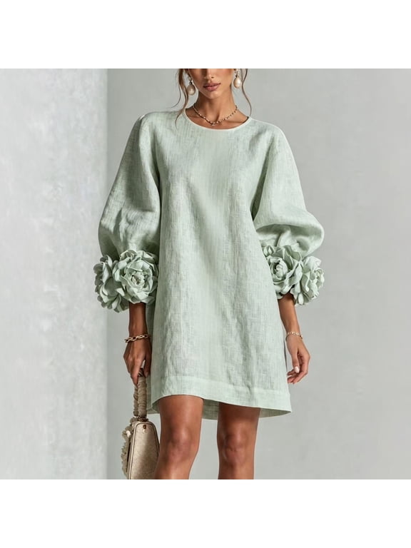 Cotton Linen Dresses for Women 3D Floral Sleeve Crew Neck Relaxed Mini Shift Dress