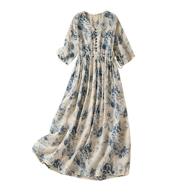 Cotton Linen Dresses for Women Casual Elbow-Length Sleeve Button V-Neck Lightweight Pleated Drawstring Waist Loose Floral Printed Comfort Midi Dress