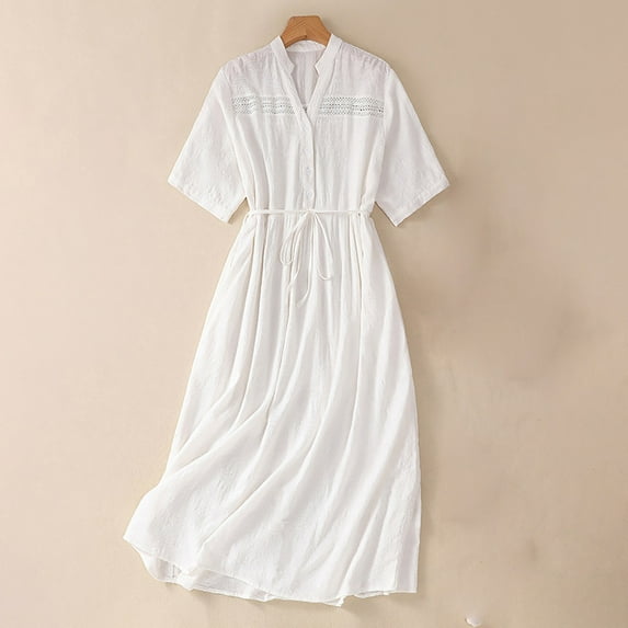 Cotton Linen Dresses for Women Casual Elbow-Length Sleeve Button V-Neck Lightweight Pleated Drawstring Waist Loose Floral Printed Comfort Midi Dress