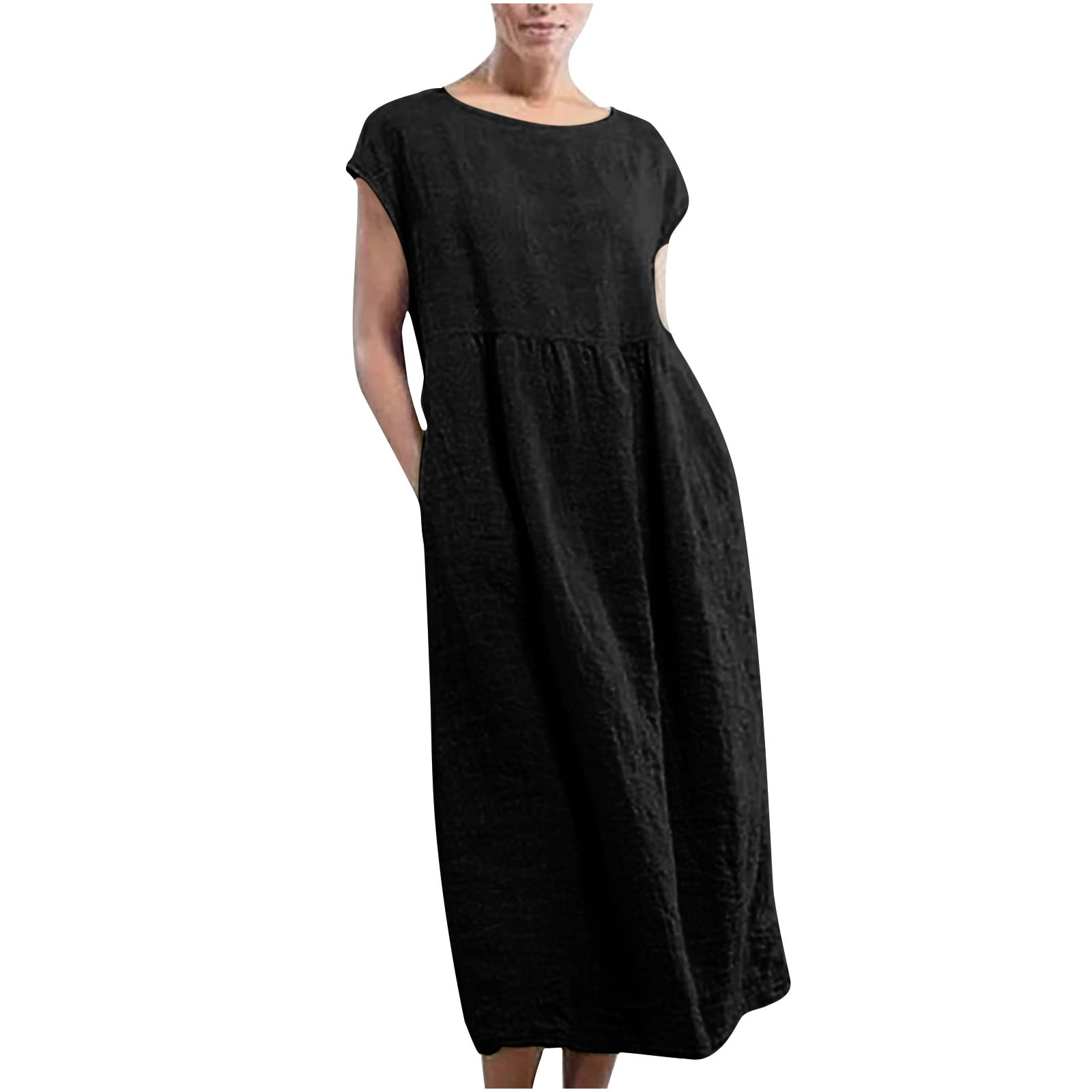 Ladies Casual Solid Color Cotton And Linen Lapel Dress