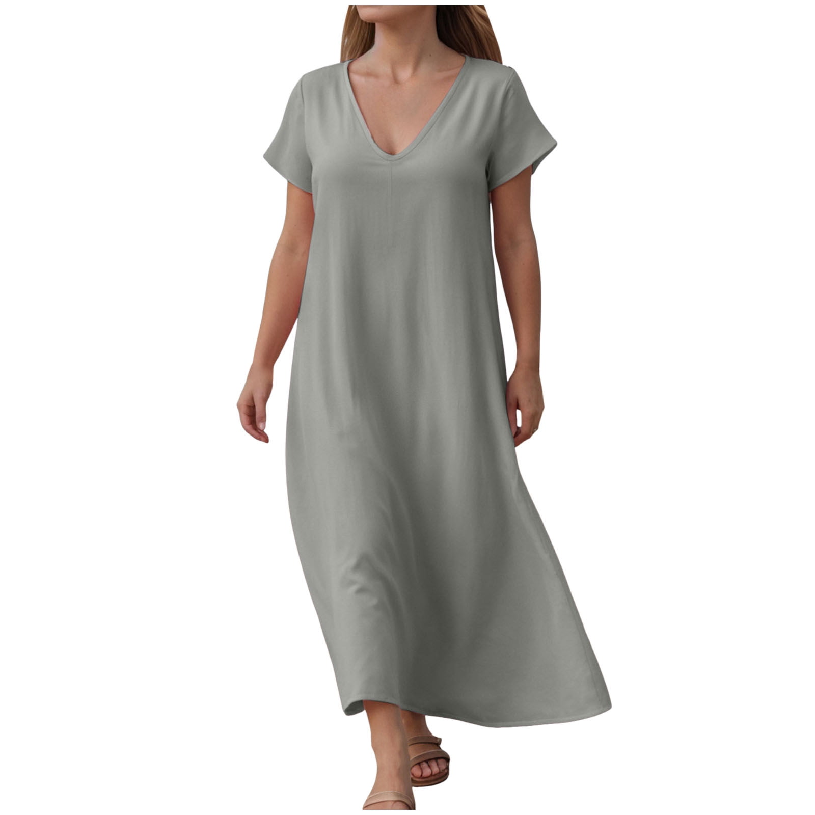 Cotton Linen Dresses for Women Summer Casual V Neck Short Sleeve Maxi ...