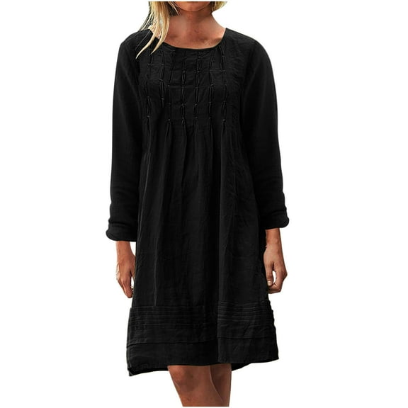 Cotton Linen Dresses for Women Trendy Fall Round Neck Long Sleeve Pleated Solid Color Casual Loose Fitting Dress,Black,5XL