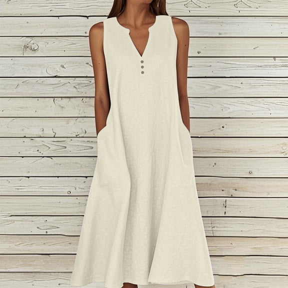 Cotton Linen Dresses for Women V Neck Sleeveless Summer Dress Casual Loose Swing Beach Sundress with Pockets New Womens Dresses Casual White M