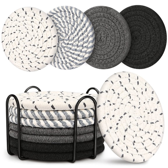 Cotton Linen Drink Coasters with Holder, Absorbent Heat-Resistant Coasters for Coffee Table, Living Room Home Decor, Machine Washable for Daily Use, 8 Coasters + Storage Rack