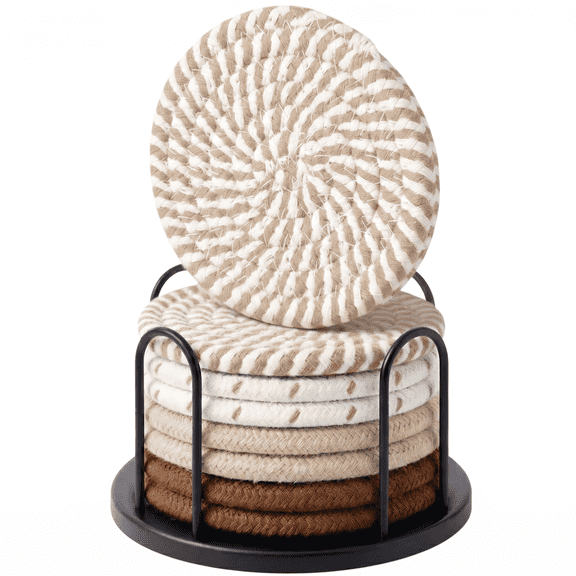 Cotton Linen Drink Coasters Set of 8, 4 Inch Absorbent Table Coasters, Non-Slip Heat Resistant Cup Mats for Home Tabletop Protection, Coffee Style