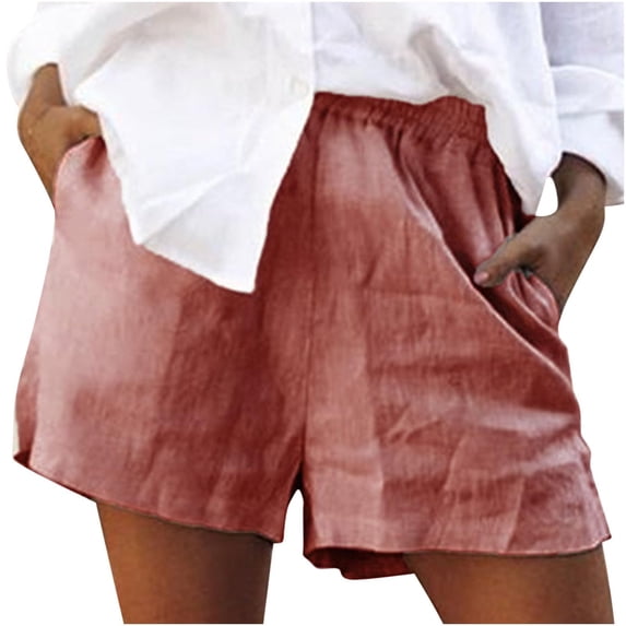 Cotton Linen Elastic Waist Summer Gym Running Workout Shorts Pockets for Women
