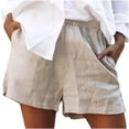 thumbnail image 1 of Cotton Linen Elastic Waist Summer Gym Running Workout Shorts Pockets for Women, 1 of 6
