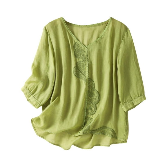 Cotton Linen Embroidered Shirt Tops, Boho 3/4 Sleeve Tunic, V Neck Button, Elegant Blouse, Green 2XL, Size M-XXL