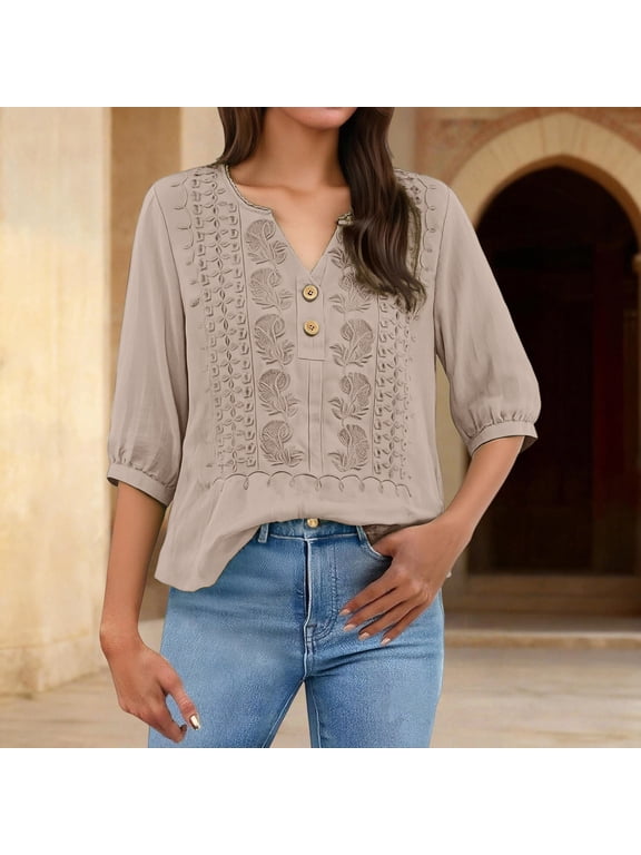 Cotton Linen Embroidered Top Bohemian Peasant Shirts Cotton Gauze Shirts Spring Blouses Short Sleeve Floral Tops Tunic Tops Lightweight Embroidered Blouse Gauze Cotton Blouse Dressy Blouses