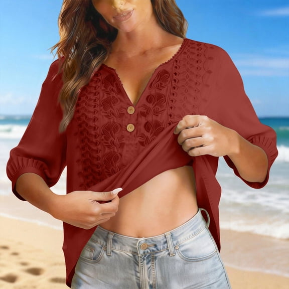 Cotton Linen Embroidered Top Crew Neck Bohemian Peasant Shirts Embroidered Linen Tops Eyelet Embroidered Shirt Loose Fit Boho Tops Floral Mexican Shirts Womens Lace Top Spring Blouses