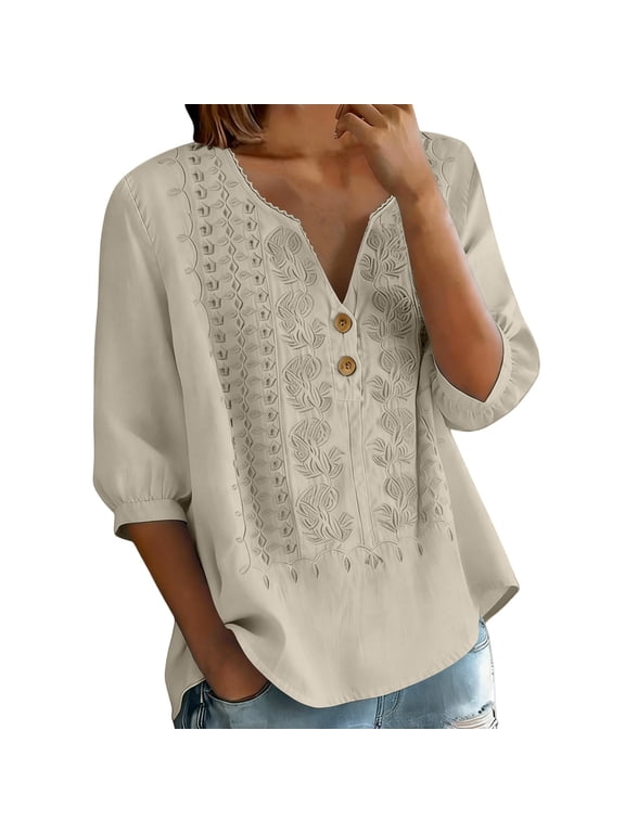 Cotton Linen Embroidered Top Linen Blend Tops Crew Neck Gauze Cotton Blouse Lightweight Embroidered Blouse Eyelet Embroidered Shirt Floral Tops Cotton Gauze Shirts Short Sleeve Casual Tops