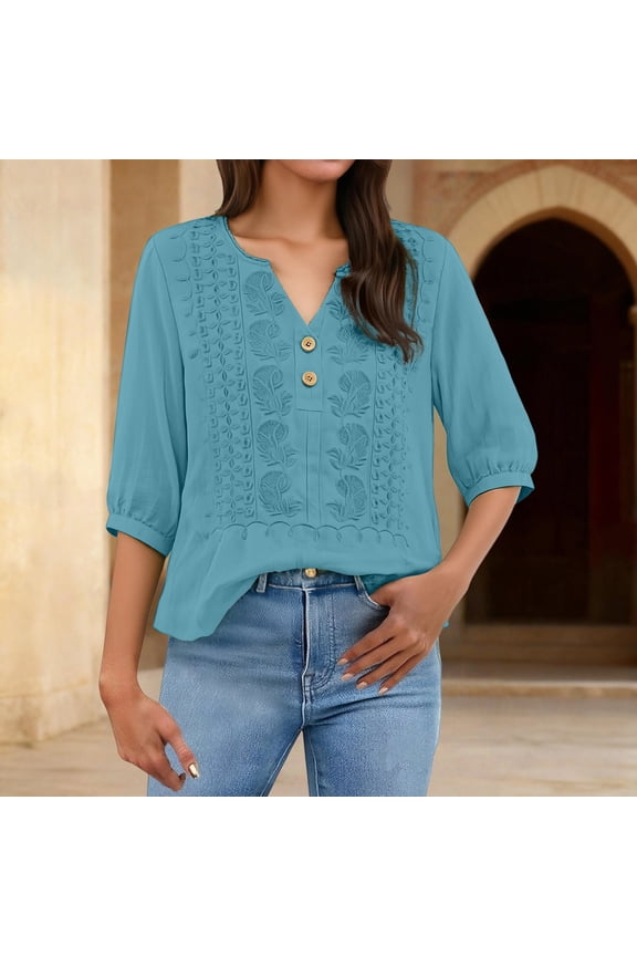 Cotton Linen Embroidered Top Short Sleeve Dressy Tops for Women Lightweight Embroidered Blouse Loose Fit Eyelet Embroidered Shirt Peasant Blouses Embroidered Linen Tops Cute Loose Blouses