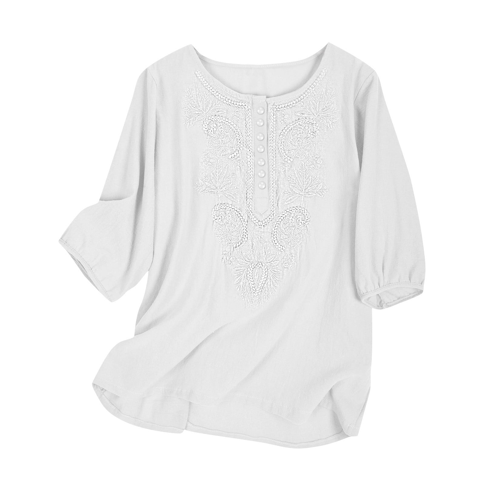 AK Women's Embroidered Bohemian Peasant Top – 3/4 Sleeve Floral Tunic Blouse, Rayon