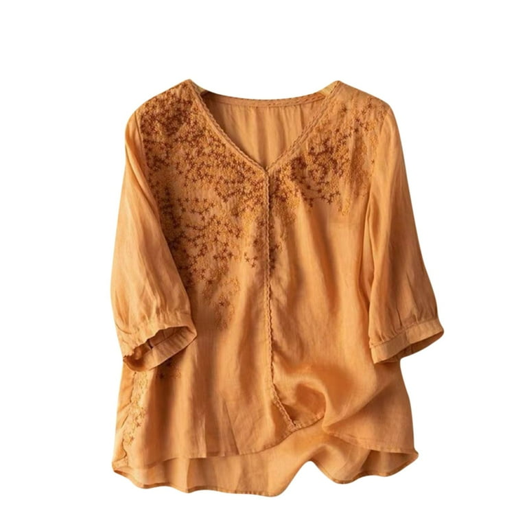 Cotton Linen Embroidery Blouse for Women Casual V Neck Short Sleeve Flowy Shirts Vintage Loose Comfy Tunic Tops Walmart
