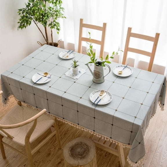 Cotton Linen Embroidery Tassel Tablecloth,Grey Large Square Dust-Proof Table Cover,for Kitchen Dinning Coffee Tabletop Decor