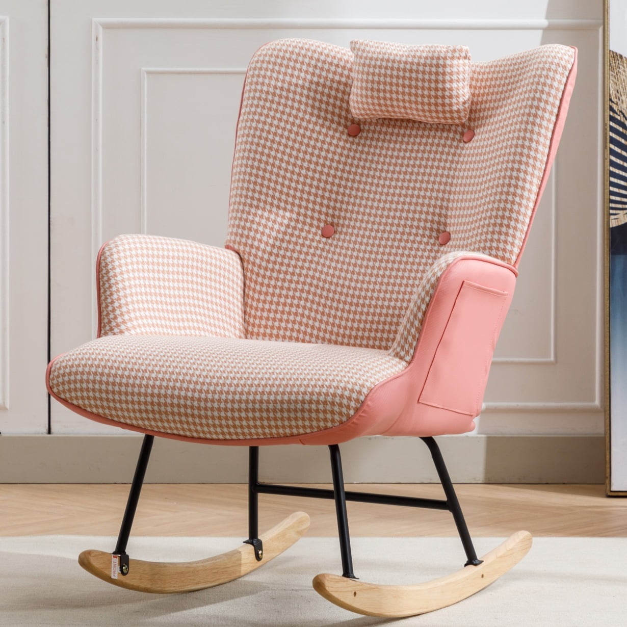 Cotton Linen Fabric Nursery Rocking Armchair with Head Pillow