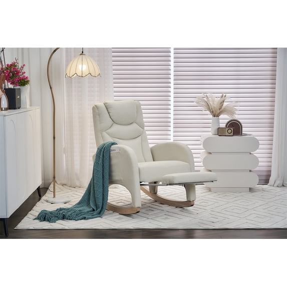 Cotton Linen Fabric Nursery Rocking Chair Indoor with High Backrest Rocking Accent Chair and Adjustable Footrest for Livingroom, Bedroom