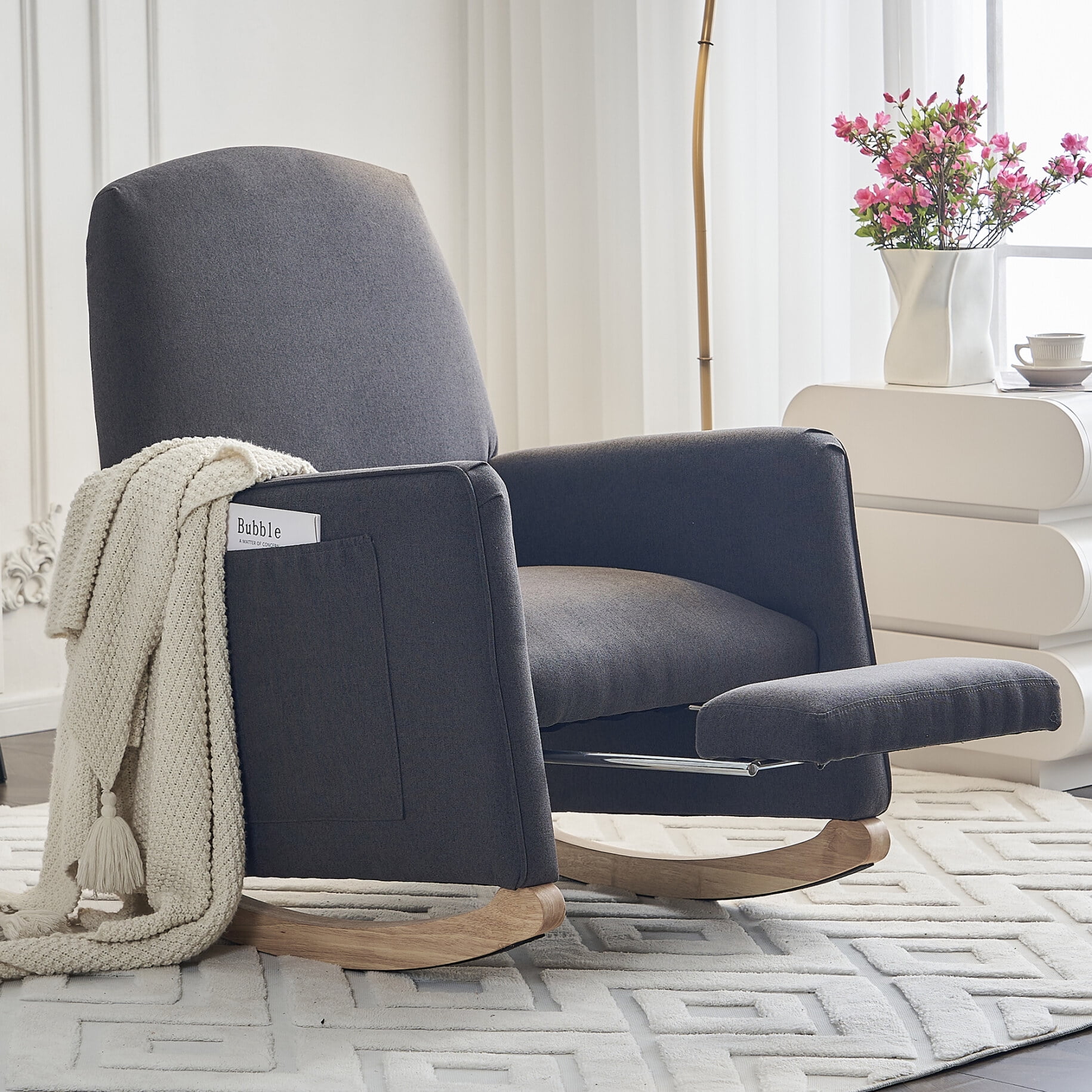 Cotton Linen Fabric Nursery Rocking Chair With Adjustable Footrest ...