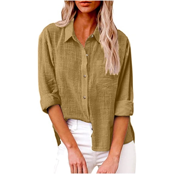Cotton Linen Fall Tops,Cotton Linen Shirts for Women Button Down Long Sleeve Turndown Collar Shirt Comfy Work Tops Dressy Casual Outfits