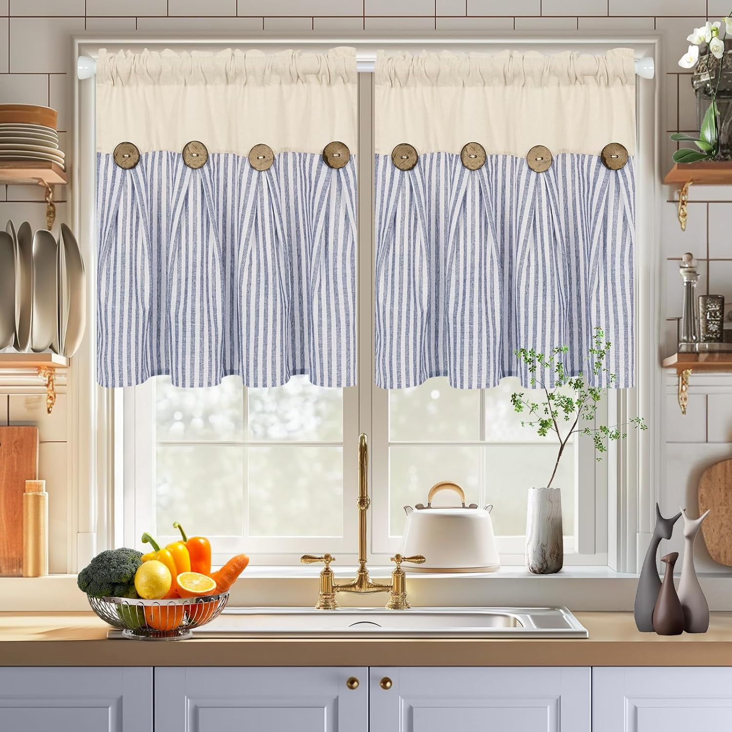 Cotton Linen Farmhouse Kitchen Curtains 24 Inch Boho Rustic Button Tier Curtains Natural/Blue Stripe Color Block Curtain Rod Pocket Small Window Curtain for Cafe Bathroom Bedroom Drapes
