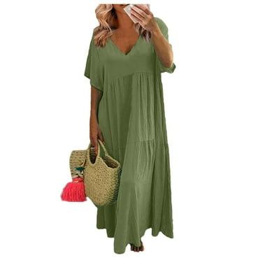 Cotton Linen Feel Maxi Dresses For Curvy Bodies, Breathable Summer Women Machine Washable Linen-Inspired V-Neck Casual Plus Size Loose Long Swing Dress 2025 Womens Black Green