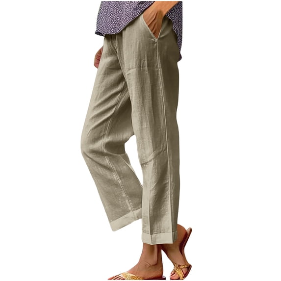 Cotton Linen Floral Cropped Pants for Women Summer Elastic Waist Straight Wide Leg Boho Beach Trouser with Pockets