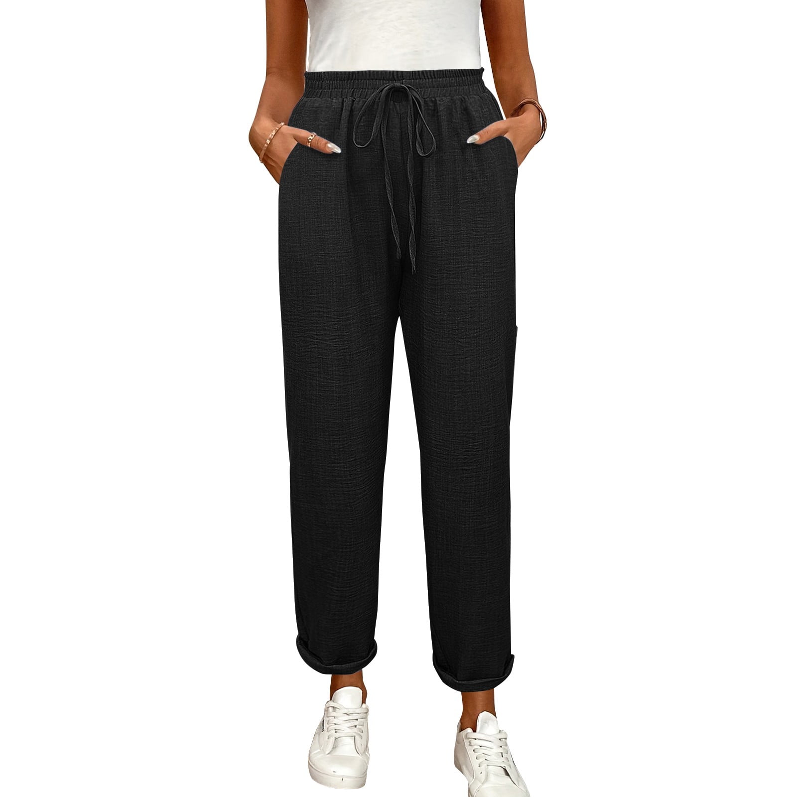 Cotton Linen Gauze Pants for Women Ankle Length Drawstring Elastic