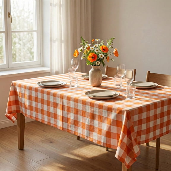 Cotton Linen Gingham Tablecloth Orange Checks Rectangular 75x60 inch Table Cover with Neat Hem Finish Soft Washable Cotton Tablecloth for Home, Kitchen & Dcor Use (75x60 inches)