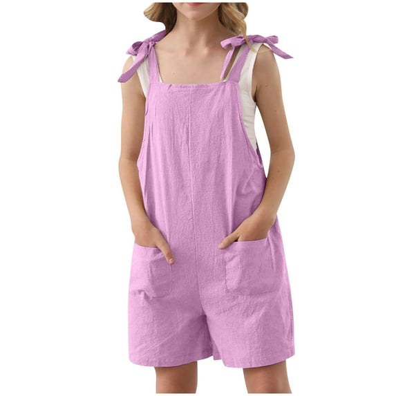 Cotton Linen Girls Rompers Summer Casual Sleeveless Jumpsuit Overalls for Girl Tie Knot Strap Shorts Romper with Pocket, Purple, 5 Years