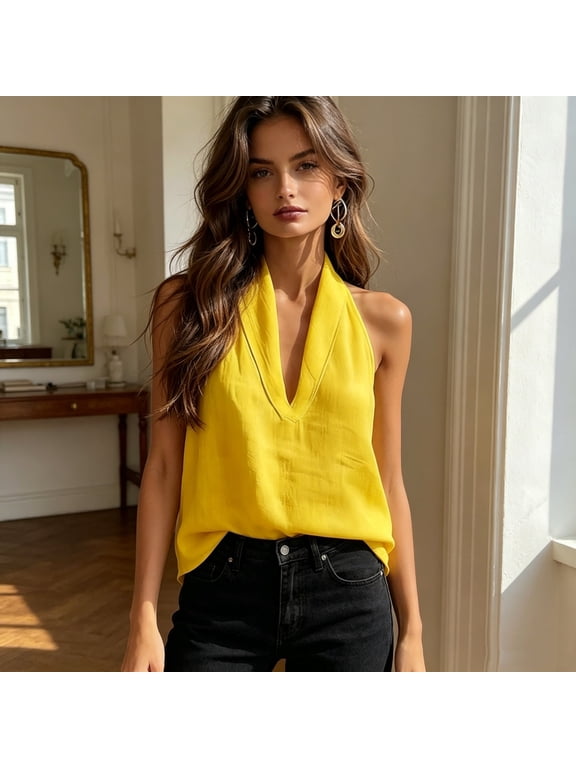 Cotton Linen Halter Tops for Women Flowy Sleeveless Loose Fitting Tank Top Beach Summer Casual Plain V Neck T Shirts Yellow M