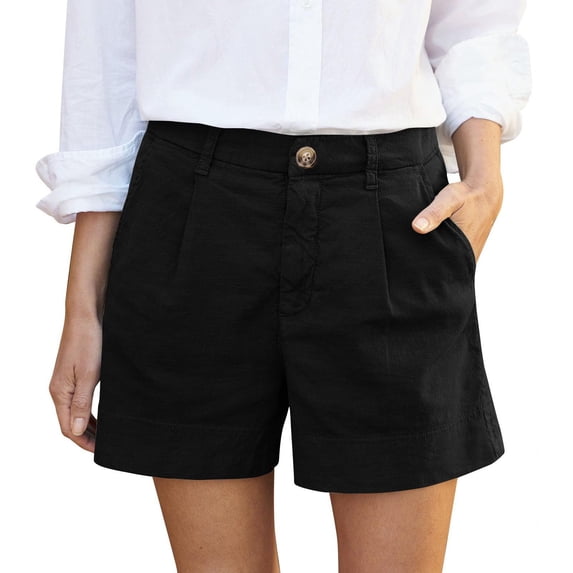 Cotton Linen High Waist Button Fly Baggy Business Work Summer Shorts Pockets for Women