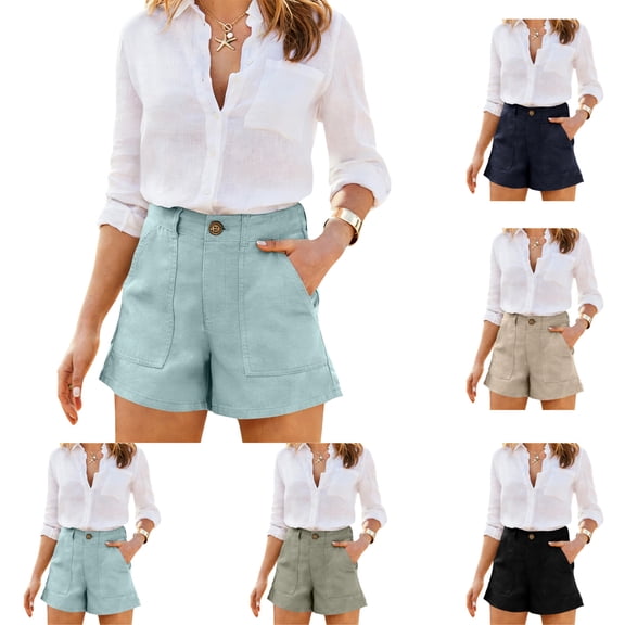 Cotton Linen High Waist Shorts for Women 2026 Casual Button Fly Shorts with Pockets Comfy Summer Shorts Royal Blue XXL