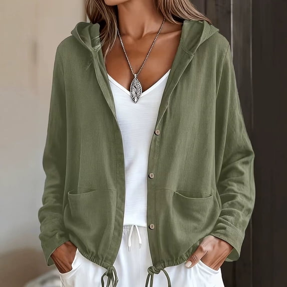 Cotton Linen Hooded Jackets for Women Fall Casual Long Sleeve Button Down Jacket Lightweight Loose Open Front Jackets, XL