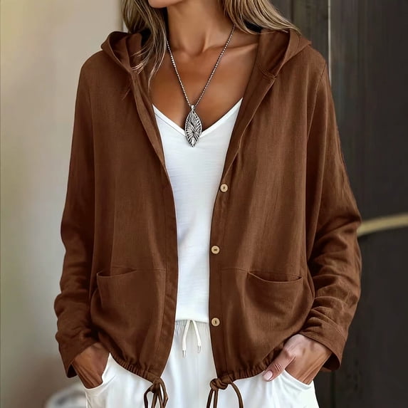 Cotton Linen Hooded Jackets for Women Fall Casual Long Sleeve Button Down Jacket Lightweight Loose Open Front Jackets, XL