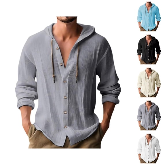 Cotton Linen Hooded Shirts for Men Long Sleeve Lightweight Breathable Button Down Cardigan Shirts Jacket