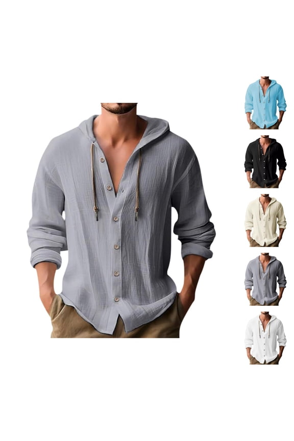 Cotton Linen Hooded Shirts for Men Long Sleeve Lightweight Breathable Button Down Cardigan Shirts Jacket