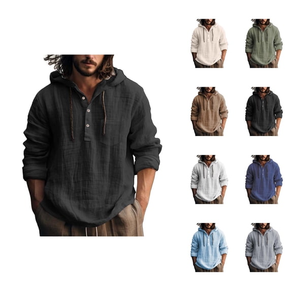 Cotton Linen Hooded Shirts for Men Long Sleeve Lightweight Breathable Pullover Shirts with Hood and Drawstring