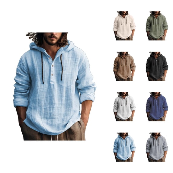 Cotton Linen Hooded Shirts for Men Long Sleeve Lightweight Breathable Pullover Shirts with Hood and Drawstring
